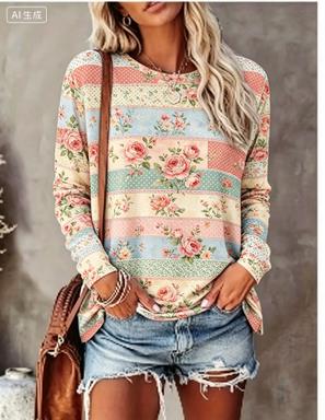 Printed Floral Shirt - Women Long Sleeve T‑Shirt Pastel Patchwork