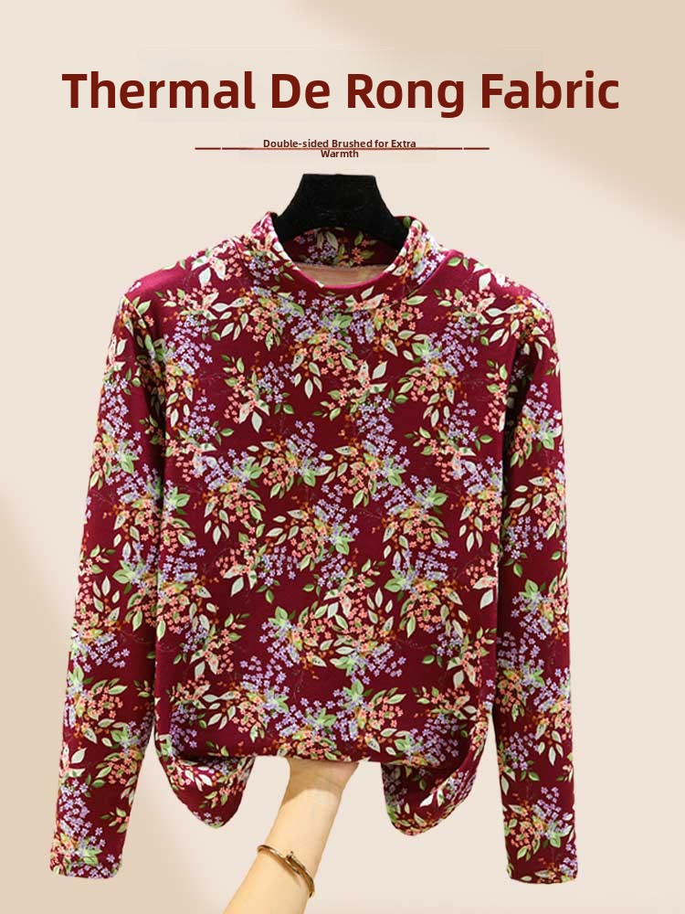 Printed Floral Shirt - Thickened Fleece Floral Print Base Shirt