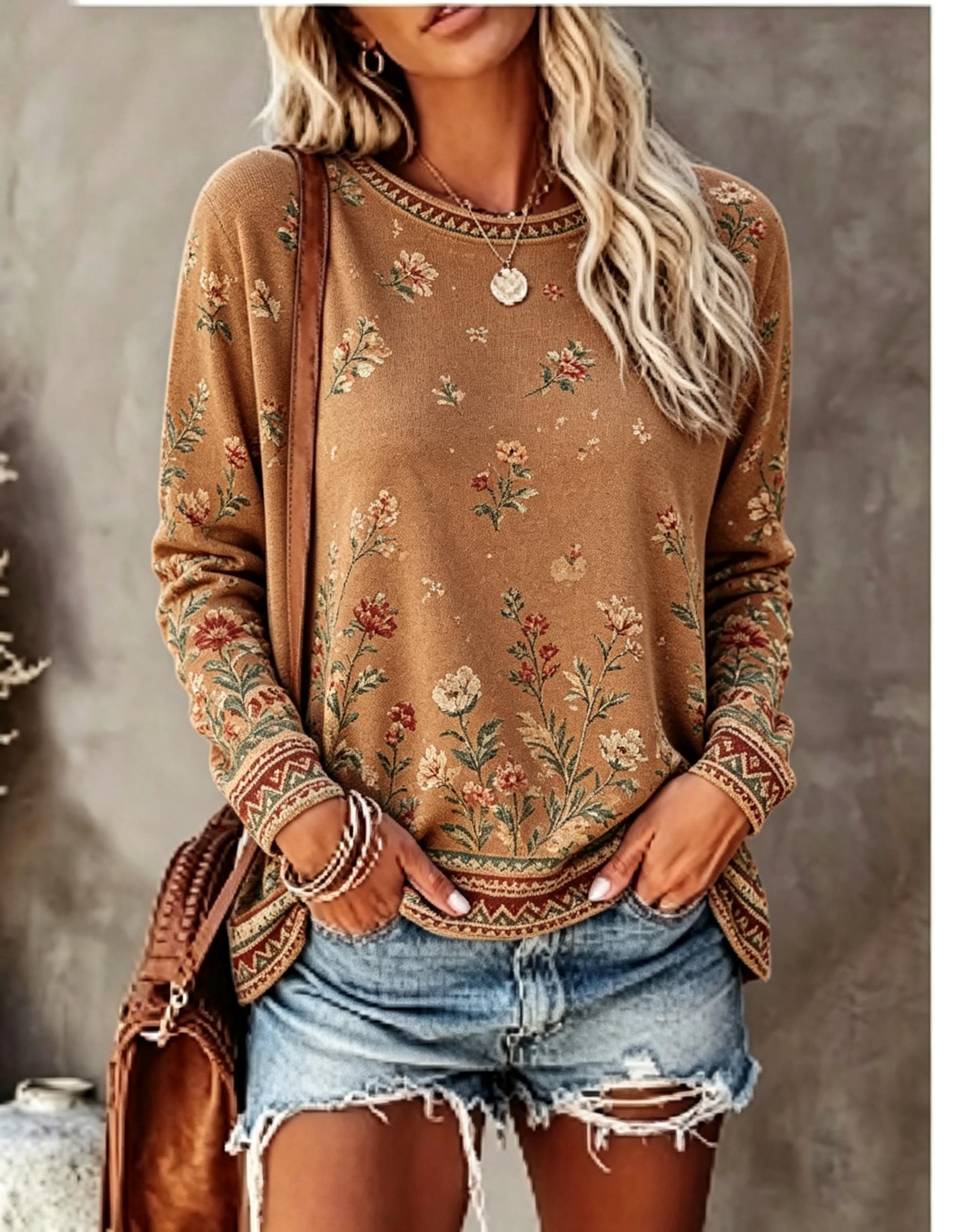 Printed Floral Shirt - Women Crew Neck Long Sleeve T‑Shirt,