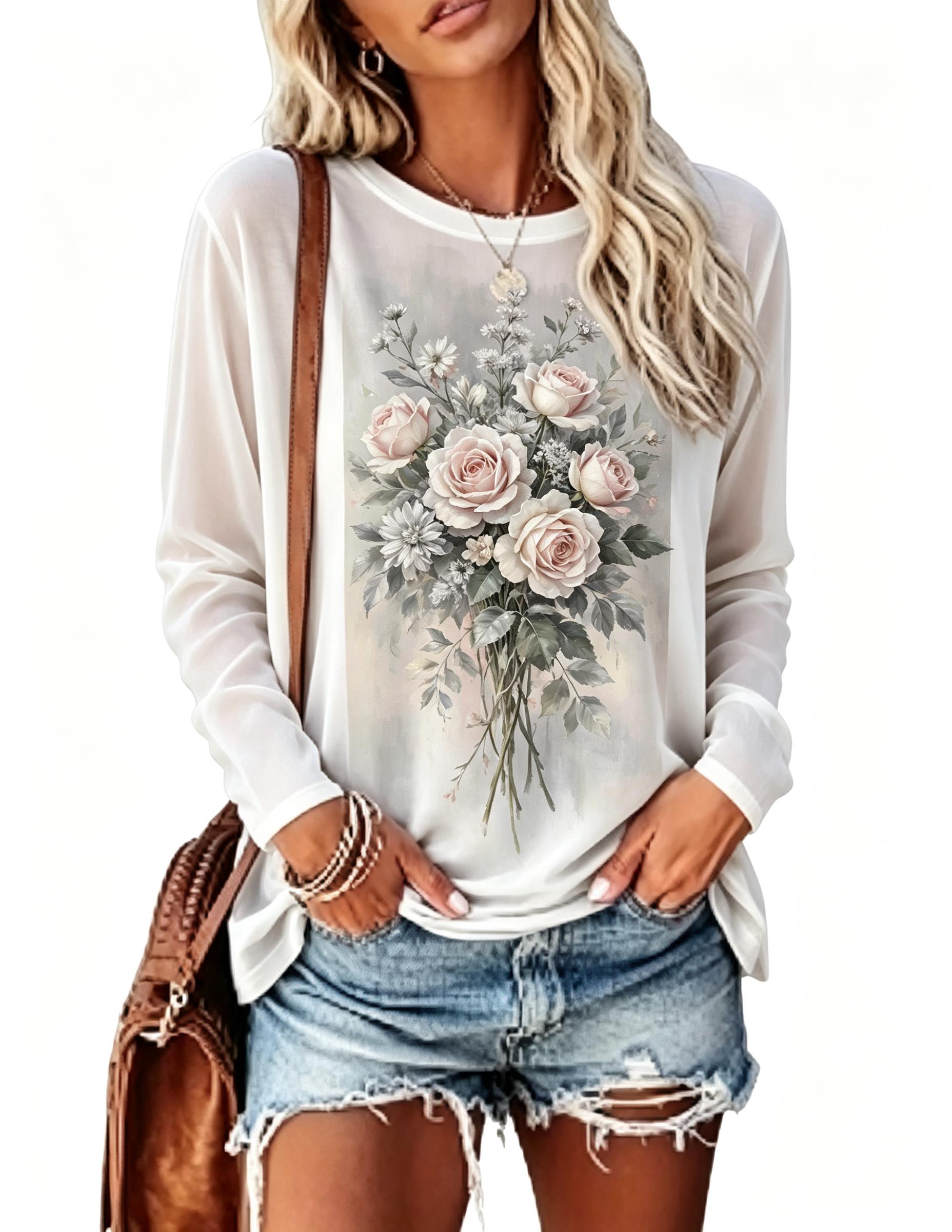 Women Long Sleeve T‑Shirt Vint - đánh giá và giá Printed Floral Shirt