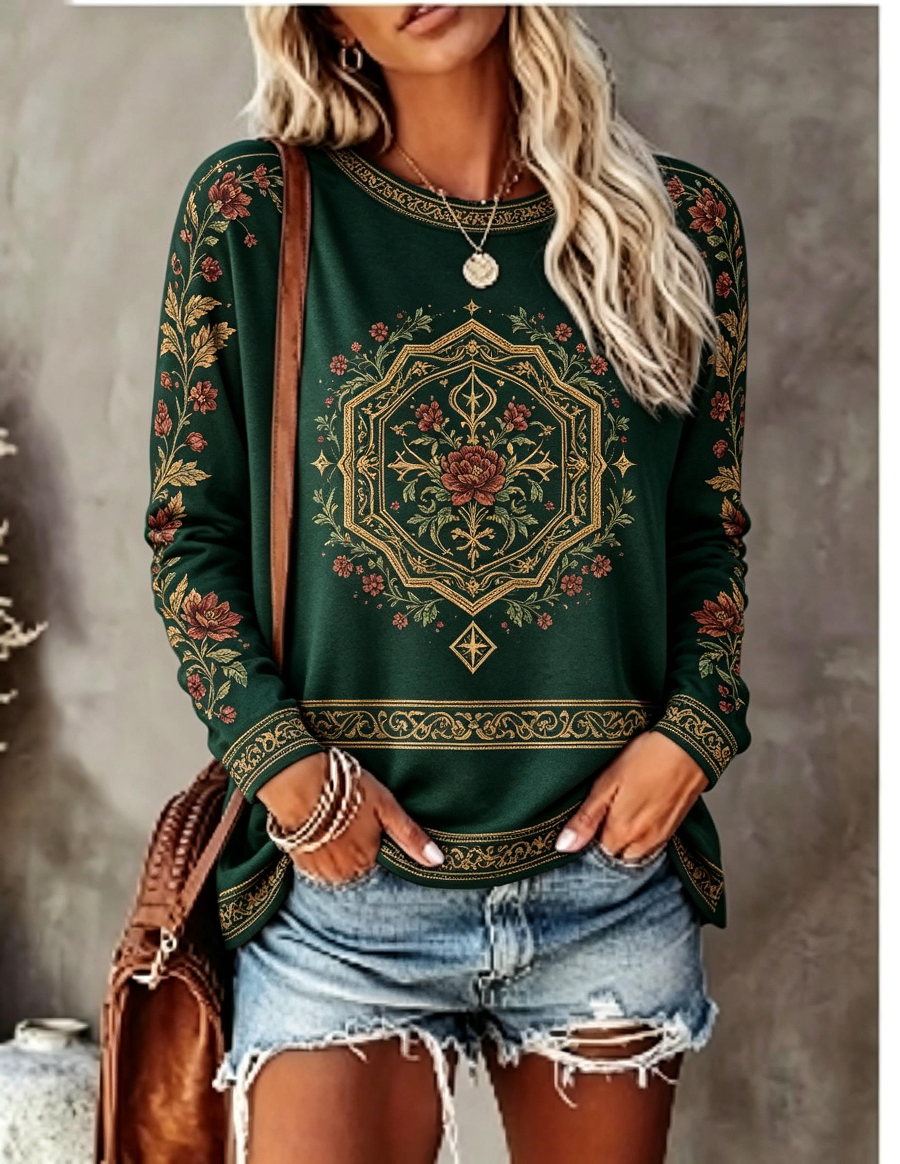 Women Crew Neck Long Sleeve T‑ - đánh giá và giá Printed Floral Shirt
