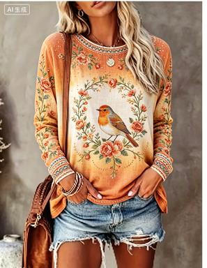 Women Long Sleeve T‑Shirt Vint - đánh giá và giá Printed Floral Shirt