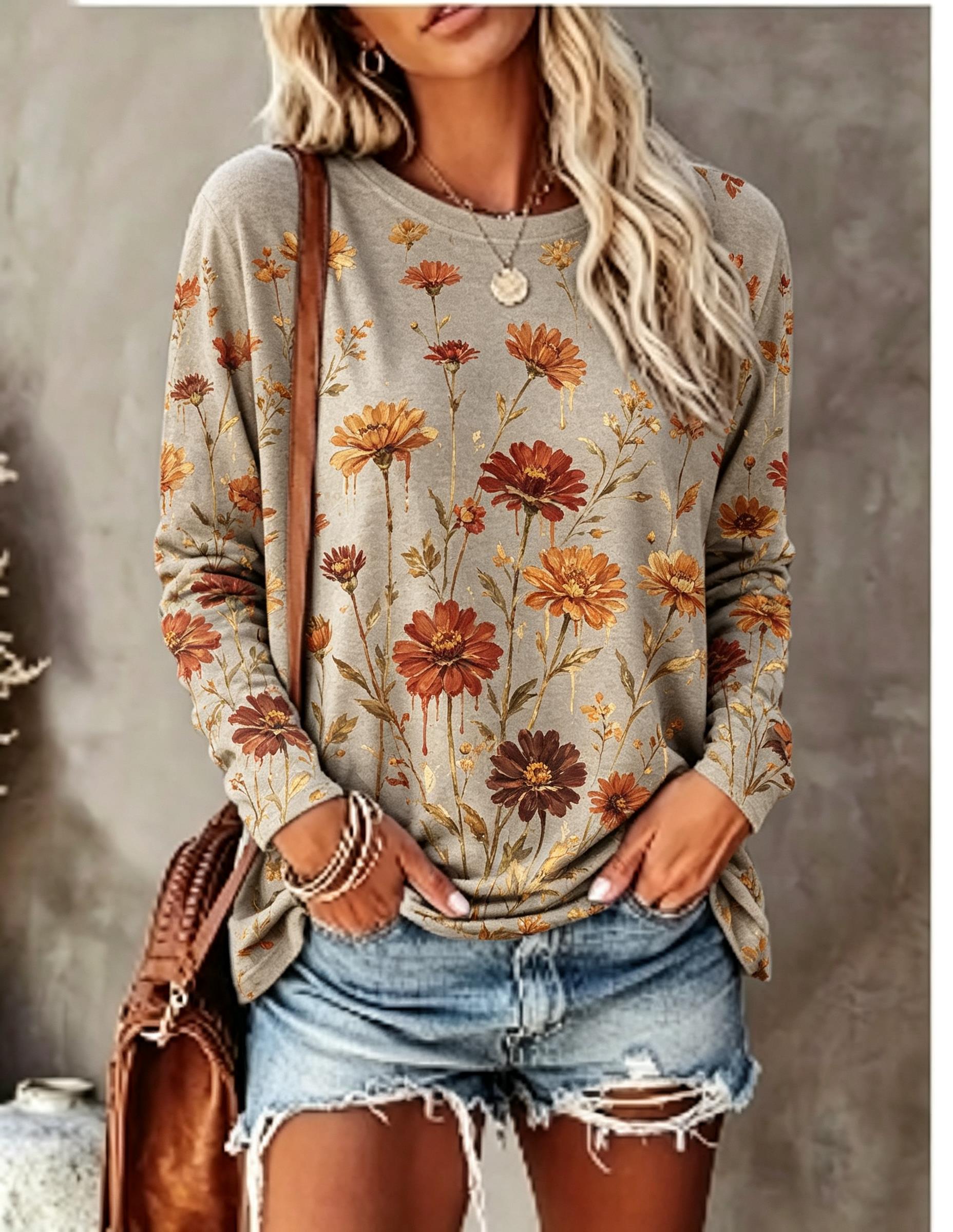 Women Long Sleeve T‑Shirt Oil  - đánh giá và giá Printed Floral Shirt