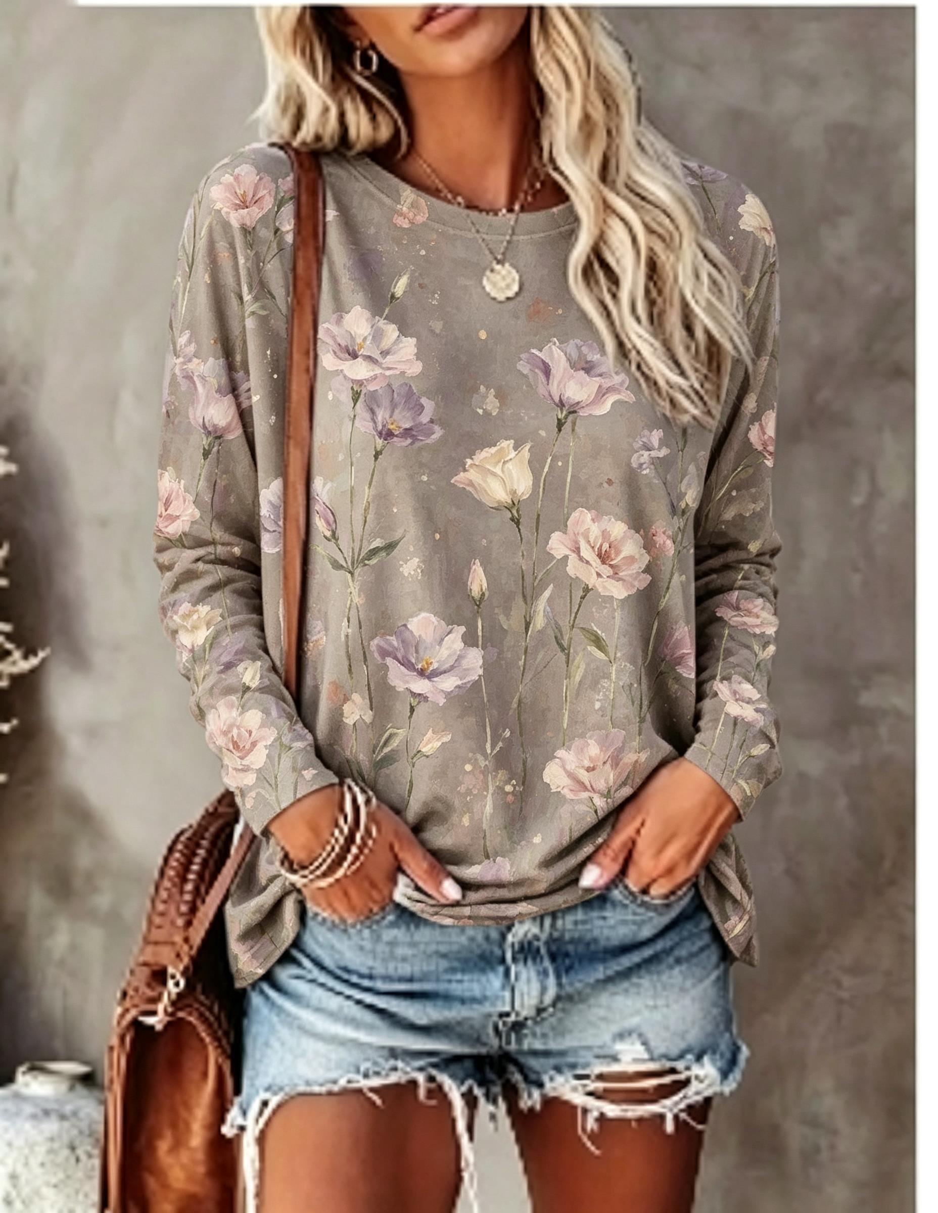 Women Long Sleeve T‑Shirt Oil  - đánh giá và giá Printed Floral Shirt